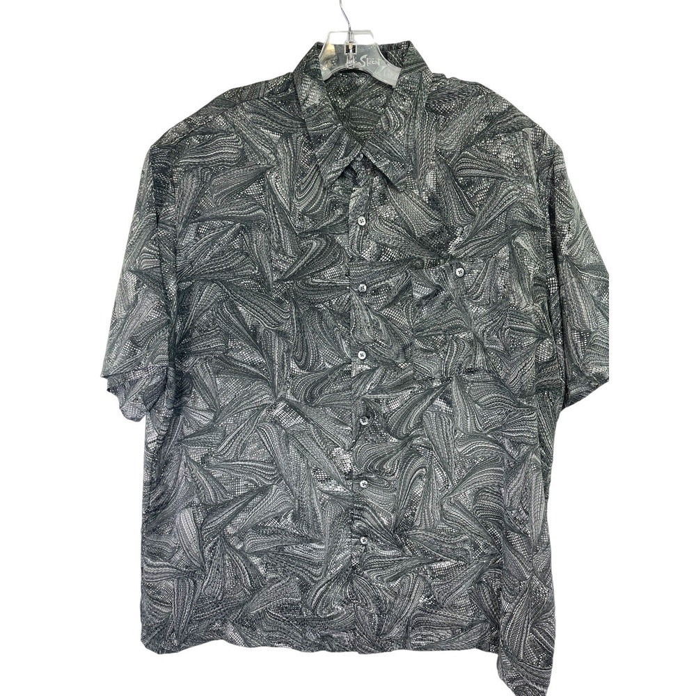 Alan Stuart Mens XL Silver/Black Abstract Button Up Shirt (Q27) Vtg USA Made